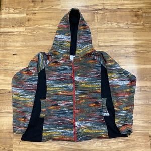 Multi colored, painted looking, zip up hoodie.